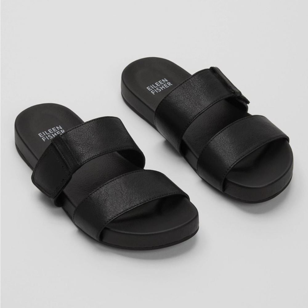 Eileen Fisher Women's Folk Leather Slide Slip-On Sandal Black Shoes 6